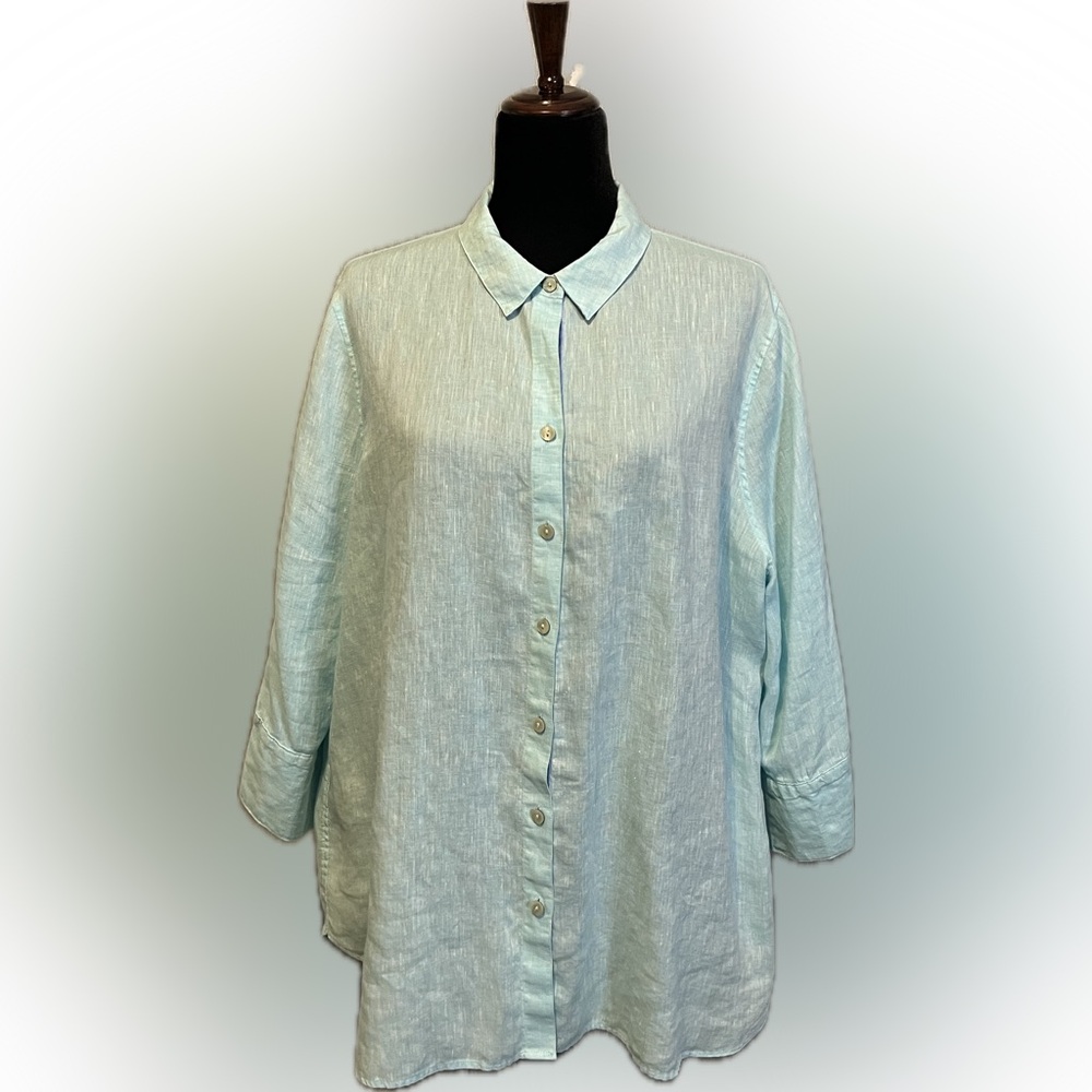 Chico’s No Iron Mint Blue Button-Up Linen Shirt size XL